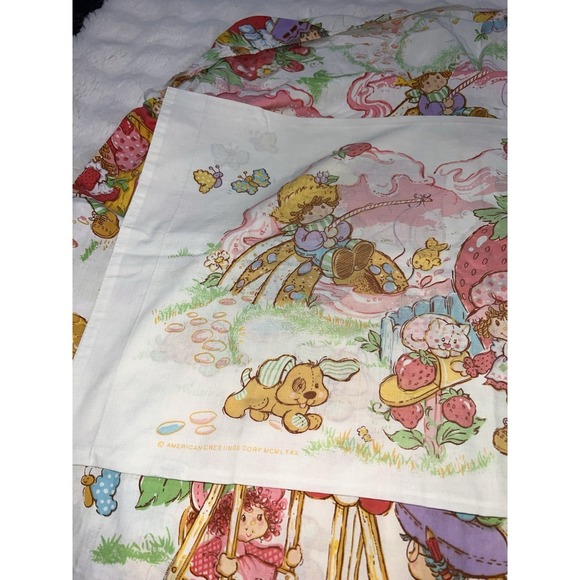 Vtg Strawberry Shortcake 1980's Fitted  Sheet Pillowcase American Greetings Twin - Picture 2 of 8